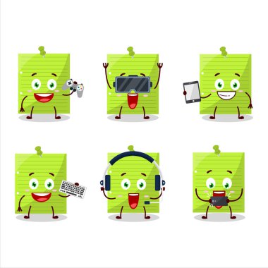 Green sticky notes cartoon character are playing games with various cute emoticons. Vector illustration