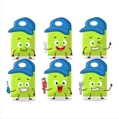 mechanic green sticky notes cute mascot character with pliers. Vector illustration