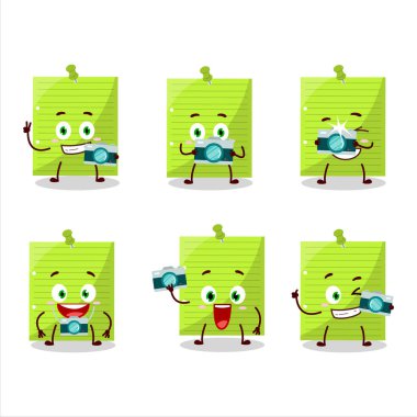 Photographer profession emoticon with green sticky notes cartoon character. Vector illustration