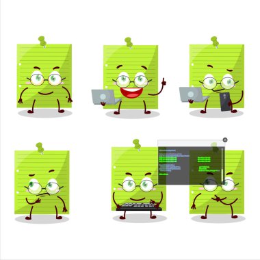 Green sticky notes Programmer cute cartoon character with. Vector illustration
