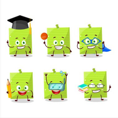 School student of green sticky notes cartoon character with various expressions. Vector illustration