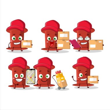 Cartoon character design of red push pin working as a courier. Vector illustration