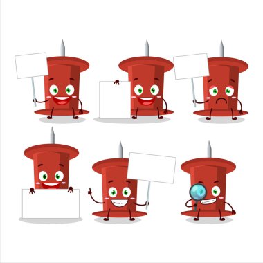 Red push pin cartoon character bring information board. Vector illustration