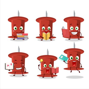A picture of red push pin cartoon character concept reading an amusing book. Vector illustration