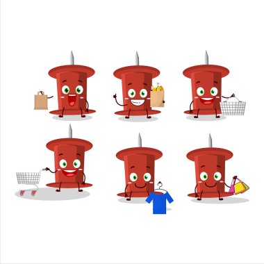 A Rich red push pin mascot design style going shopping. Vector illustration