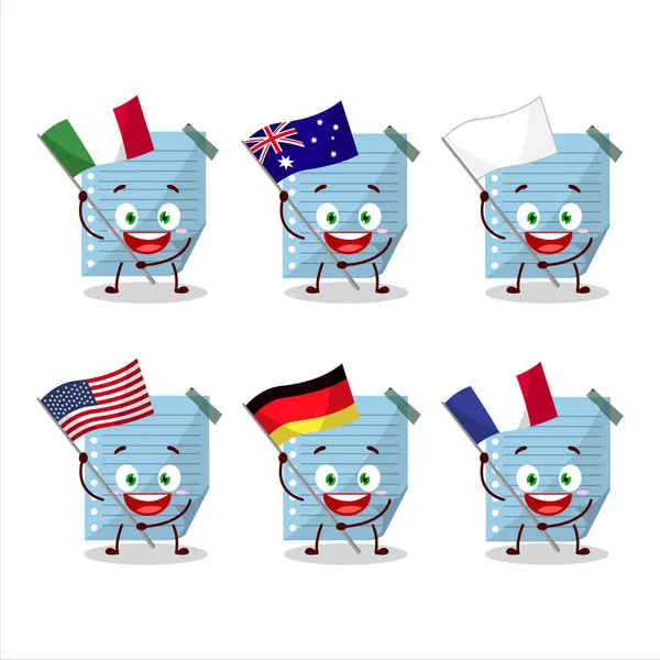 Blue Sticky Notes Cartoon Character Bring Flags Various Countries Vector — Stockvektor