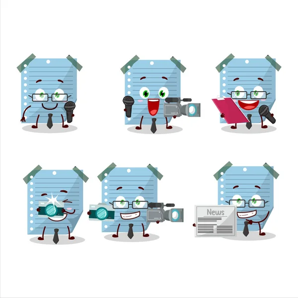 Character Reporter Blue Sticky Notes Cute Mascot Microphone Vector Illustration — Stock vektor