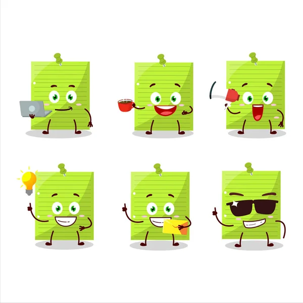 Green Sticky Notes Cartoon Character Various Types Business Emoticons Vector — Stockvektor