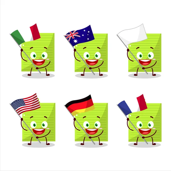 Green Sticky Notes Cartoon Character Bring Flags Various Countries Vector — Διανυσματικό Αρχείο