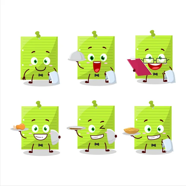 Happy Green Sticky Notes Waiter Cartoon Character Holding Plate Vector — стоковый вектор