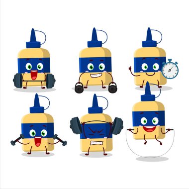 A healthy paper glue cartoon style trying some tools on Fitness center. Vector illustration