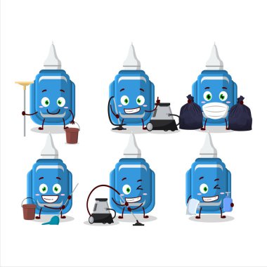 Cleaning service blue correction pen cute cartoon character using mop. Vector illustration