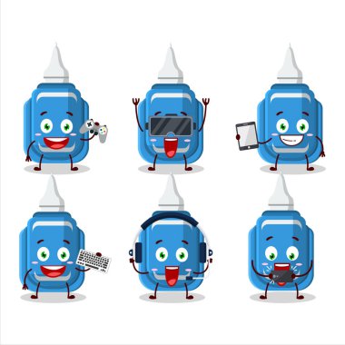 Blue correction pen cartoon character are playing games with various cute emoticons. Vector illustration