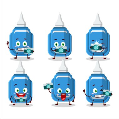 Photographer profession emoticon with blue correction pen cartoon character. Vector illustration