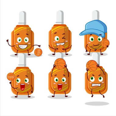 Talented orange correction pen cartoon character as a basketball athlete. Vector illustration