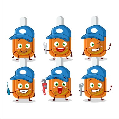 mechanic orange correction pen cute mascot character with pliers. Vector illustration