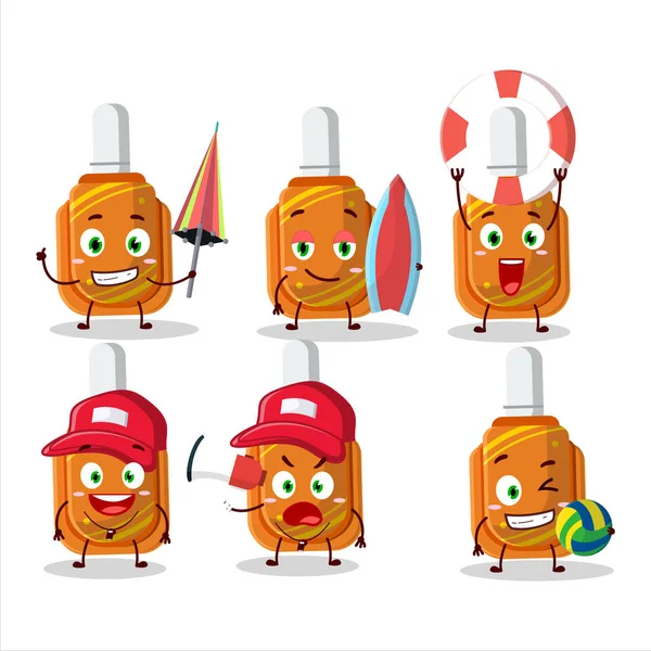 Happy Face Orange Correction Pen Cartoon Character Playing Beach Vector — Vetor de Stock