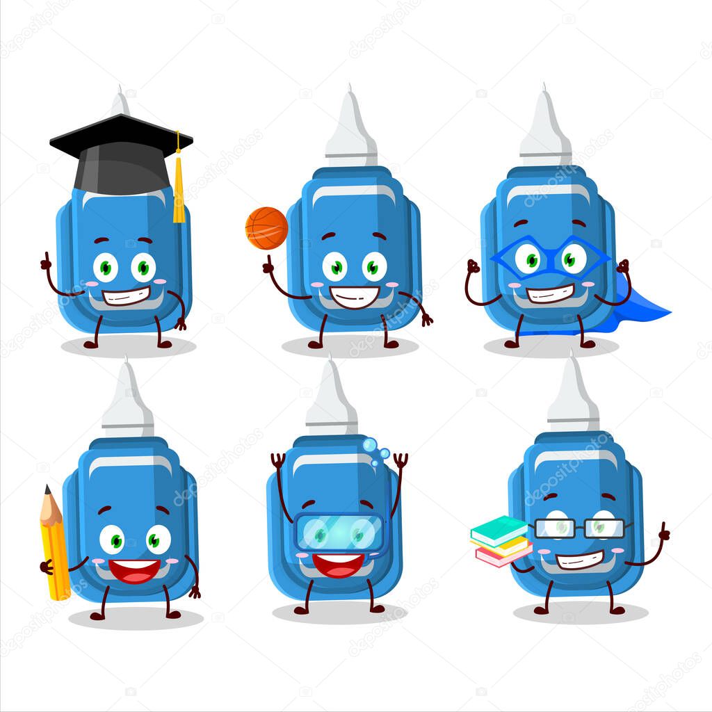 School student of blue correction pen cartoon character with various expressions. Vector illustration