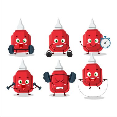 Sağlıklı bir kırmızı düzeltme kalem karikatür stili Fitness Merkezi 'nde bazı aletler deniyor. Vektör illüstrasyonu