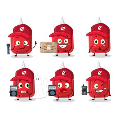 Hayalet avcısı çizgi film kırmızı düzeltme kalem karakteri kamera kullanıyor. Vektör illüstrasyonu