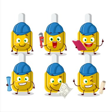 Mimar sarı kalem, kerpetenle sevimli maskot karakteri. Vektör illüstrasyonu