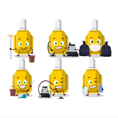 Temizlik servisi sarı düzeltme kalem sevimli çizgi film karakteri paspas kullanıyor. Vektör illüstrasyonu