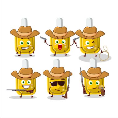 Hoş şapkalı havalı kovboy sarı düzeltme çizgi film karakteri. Vektör illüstrasyonu