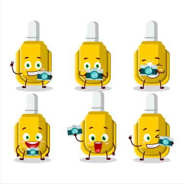 Sarı düzeltmeli kalem karikatürü karakteri olan fotoğrafçı mesleği simgesi. Vektör illüstrasyonu