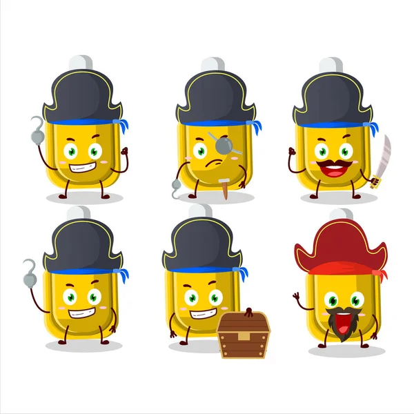 Personaje Dibujos Animados Lápiz Corrector Amarillo Con Varios Emoticonos Piratas — Vector de stock