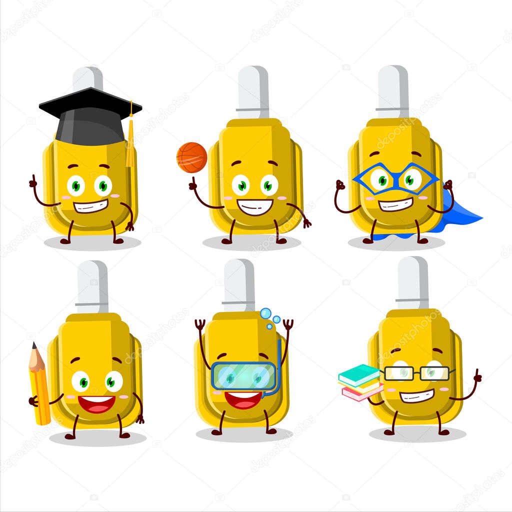 School student of yellow correction pen cartoon character with various expressions. Vector illustration
