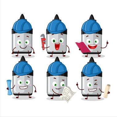 Mimar beyaz tahta keçeli kerpetenle sevimli maskot karakteri. Vektör illüstrasyonu