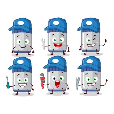 Tamirci mavi beyaz tahta işaretli kerpeten takan sevimli maskotlu karakter. Vektör illüstrasyonu