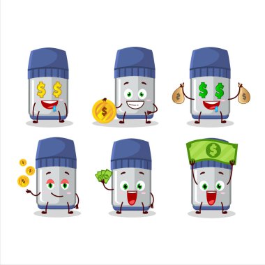 Mavi beyaz pano çizgi film karakteri, şirin ifadeli, yanında para getiriyor. Vektör illüstrasyonu