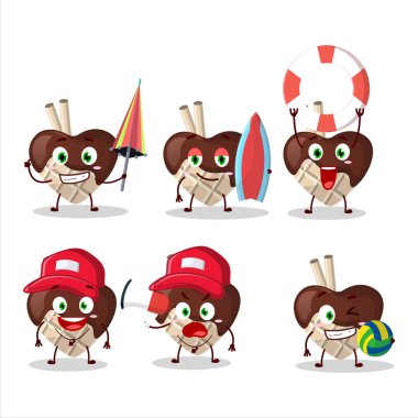 Mutlu Yüz beyaz çikolata plajda oynayan çizgi film karakterine bayılıyor. Vektör illüstrasyonu