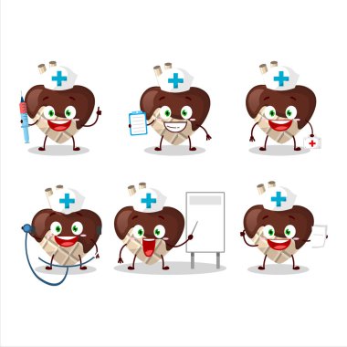 Beyaz çikolata sevdalısı çizgi film karakterli doktor mesleği simgesi. Vektör illüstrasyonu