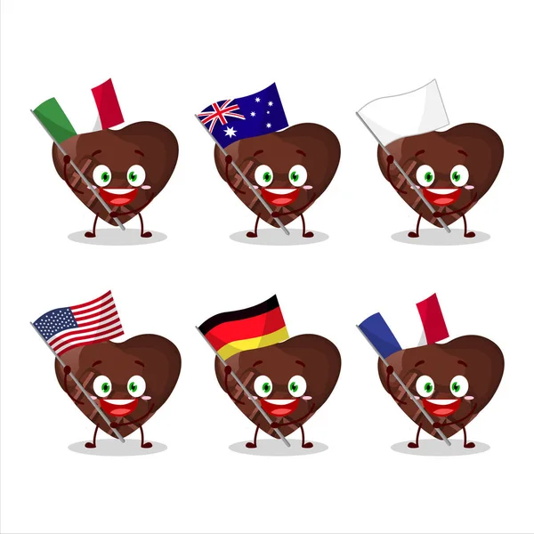 Chocolate Love Cartoon Character Bring Flags Various Countries Vector Illustration — Stock Vector