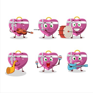 Müzik enstrümanları çalan pembe aşk hediye kutusunun çizgi film karakteri. Vektör illüstrasyonu