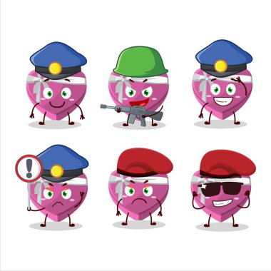 Pembe aşk hediyesi maskot tasarımlı kendini işine adamış bir polis memuru. Vektör illüstrasyonu