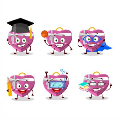 Değişik ifadeleri olan pembe aşk hediye kutusu çizgi film karakteri öğrencisi. Vektör illüstrasyonu