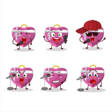 Sevimli bir çizgi film tasarımı. Pembe aşk hediyesi kutusu. Ünlü bir şarkı söylüyor. Vektör illüstrasyonu