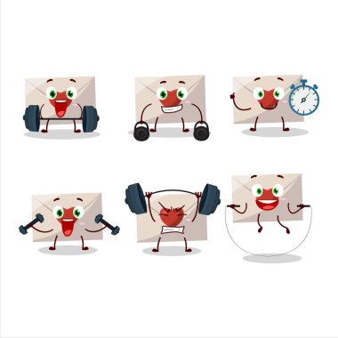 Spor salonunda bazı aletler deneyen sağlıklı bir aşk mektubu karikatürü. Vektör illüstrasyonu