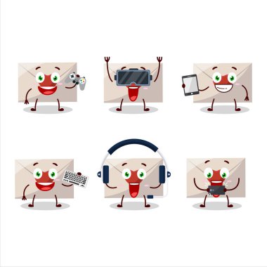 Aşk zarfı çizgi film karakteri çeşitli şirin ifadelerle oyunlar oynuyor. Vektör illüstrasyonu