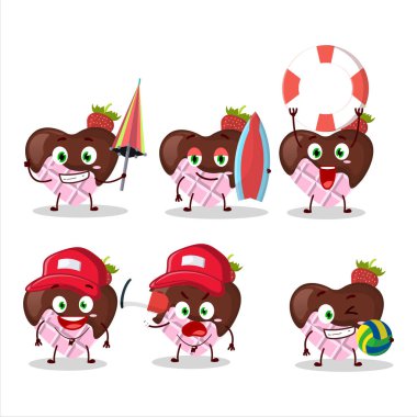 Mutlu Yüz çilekli çikolata plajda oynayan çizgi film karakteri. Vektör illüstrasyonu