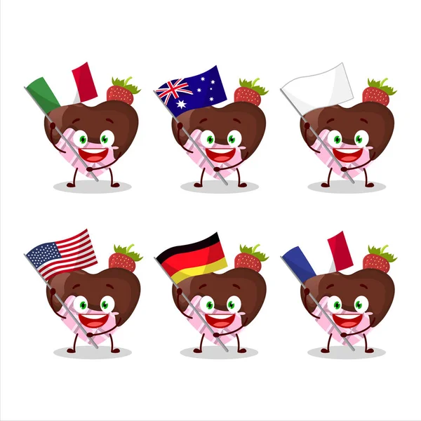 ストロベリーチョコレートの愛の漫画のキャラクターは 様々な国の旗をもたらします ベクターイラスト — ストックベクタ