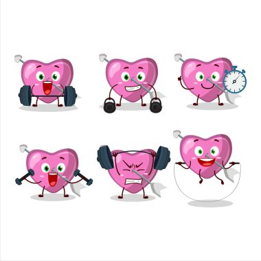 Sağlıklı pembe bir aşk oku çizgi film stili Fitness merkezinde bazı aletler deniyor. Vektör illüstrasyonu