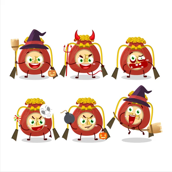 Emoticons Expressão Halloween Com Caráter Desenho Animado Chinês Saco Vermelho —  Vetores de Stock