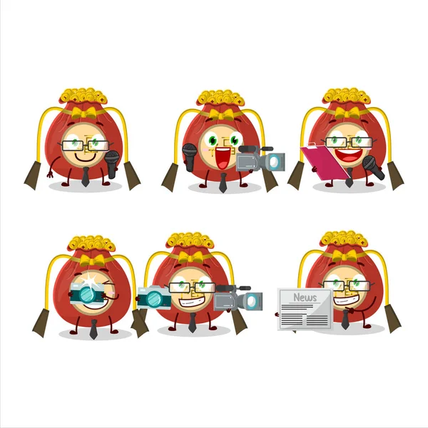 Personaje Reportero Bolso Rojo Chino Linda Mascota Con Micrófono Ilustración — Vector de stock