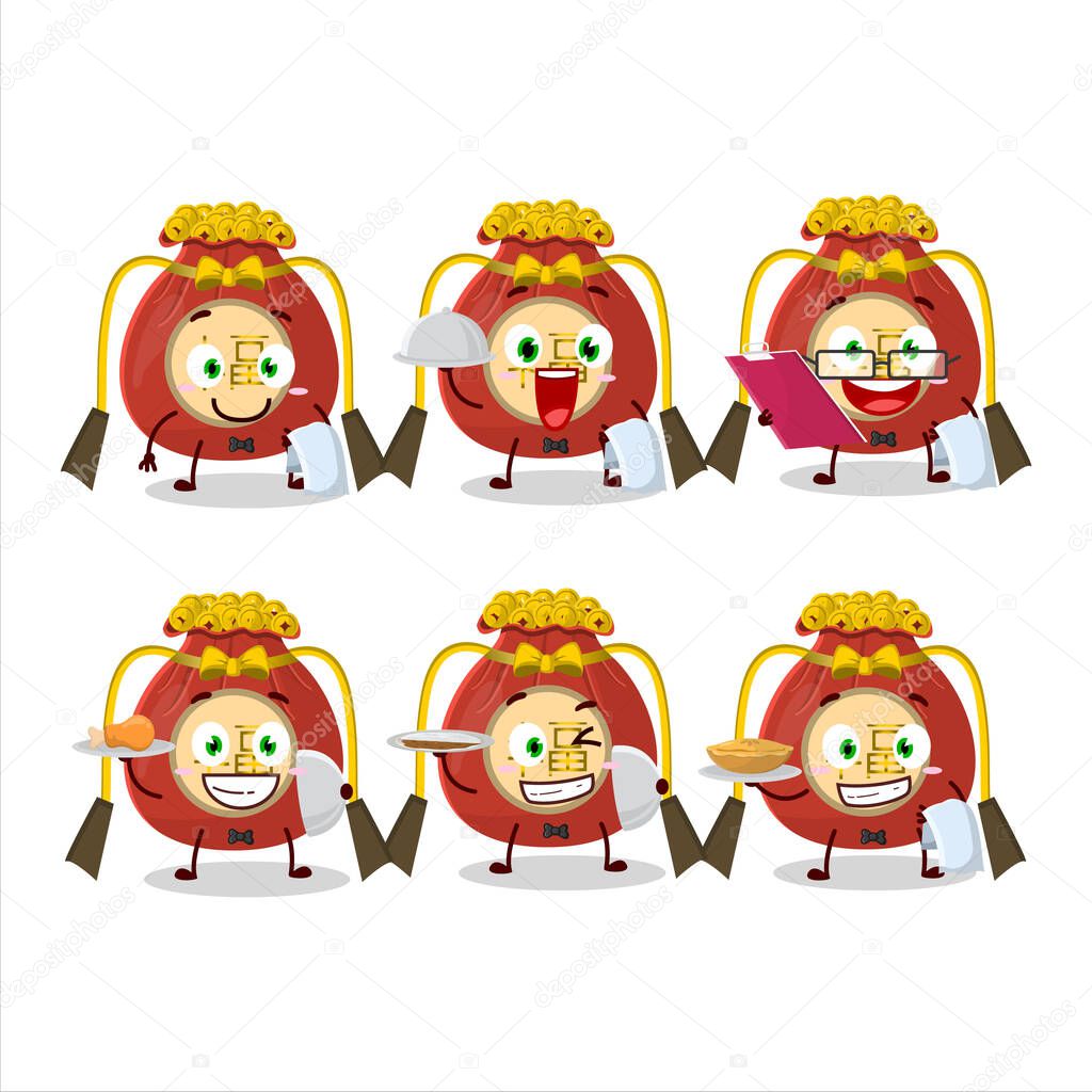 happy red bag chinese waiter cartoon character holding a plate. Vector illustration
