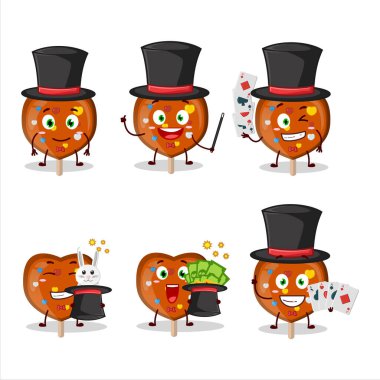 Turuncu bir lolipop, Sihirbaz çizgi film karakterini sahnede çok sever. Vektör illüstrasyonu