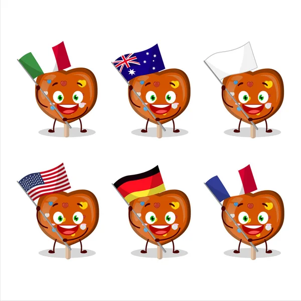 Oranje Lolipop Liefde Cartoon Karakter Brengen Vlaggen Van Verschillende Landen — Stockvector